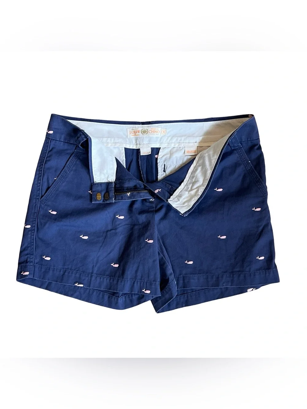 J. Crew Women’s Sz 10 Blue Whale Embroidered Shorts Chino Stretch Cotton Twill